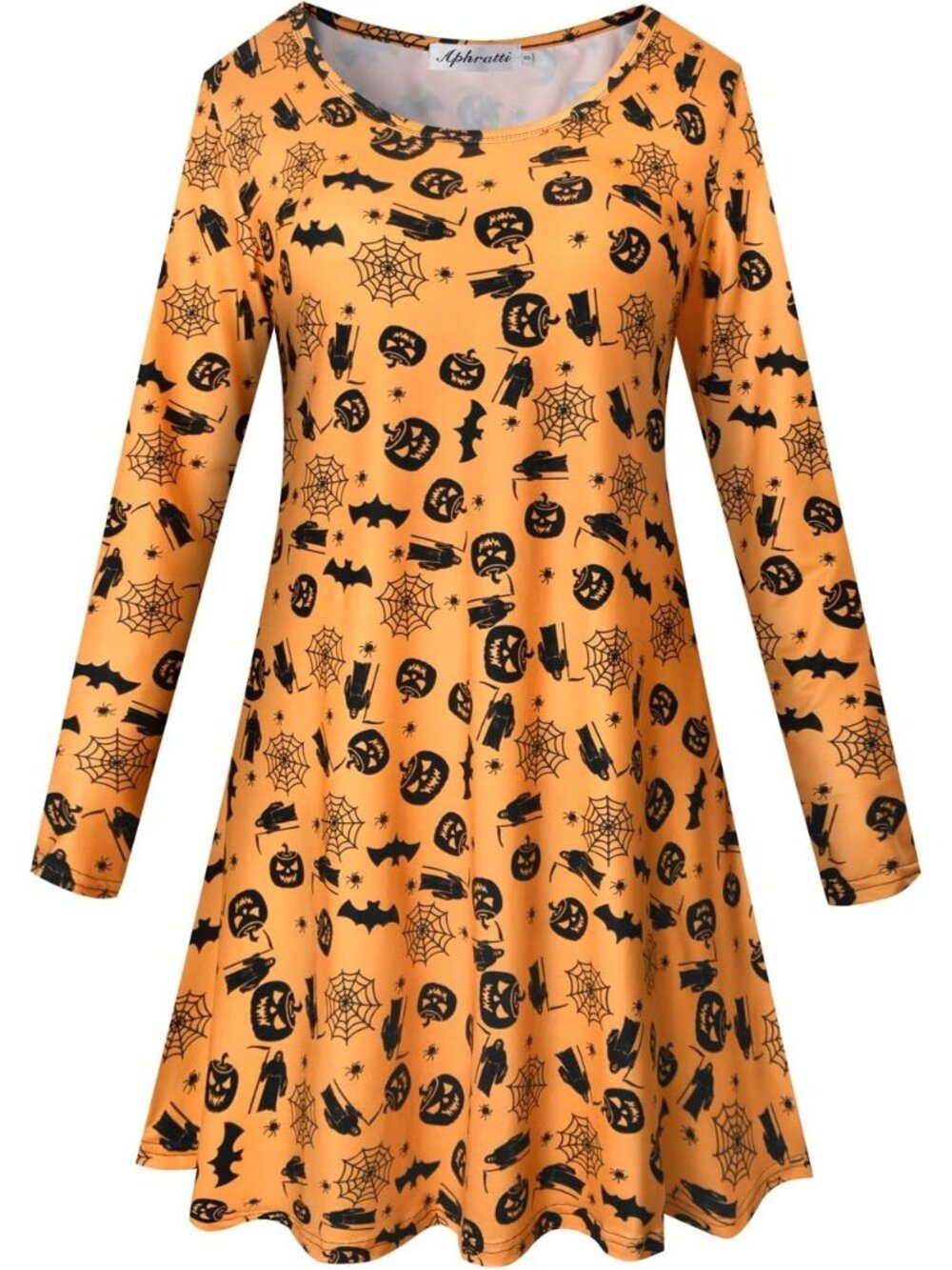 Women's Orange Halloween Long Sleeve Print Swing Short Cute Costume Dresses